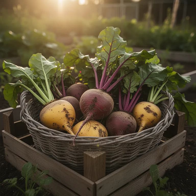 Freshly pulled golden beets with tops still attached showing vibrant golden-orange roots