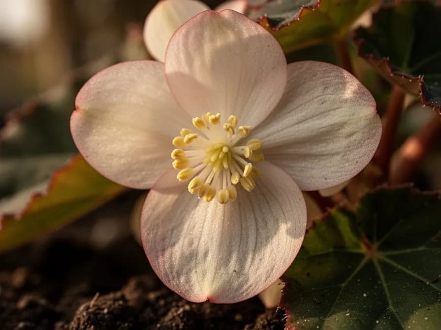 Primer plano de hojas de begonia mostrando su forma asimétrica distintiva y venación prominente