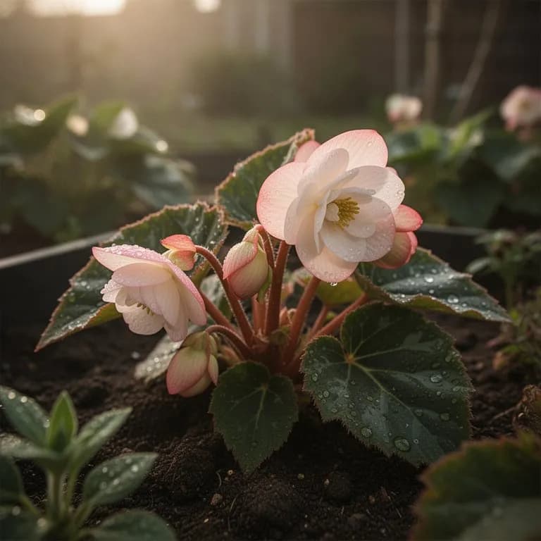 Begonia in full bloom with double-petaled flowers in shades of pink and red