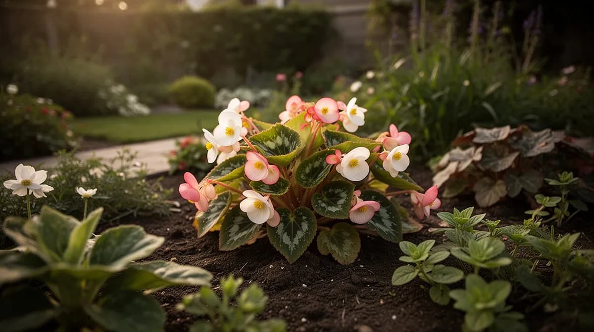 Begonias planted alongside ferns and impatiens in a shaded garden border