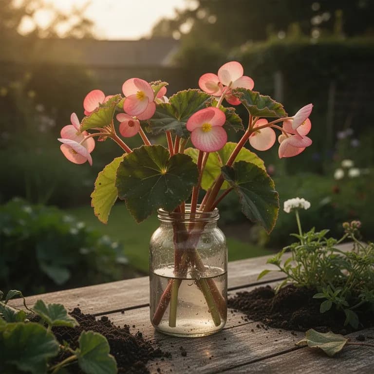 Trailing begonia cascading from a hanging basket with pendulous flower clusters