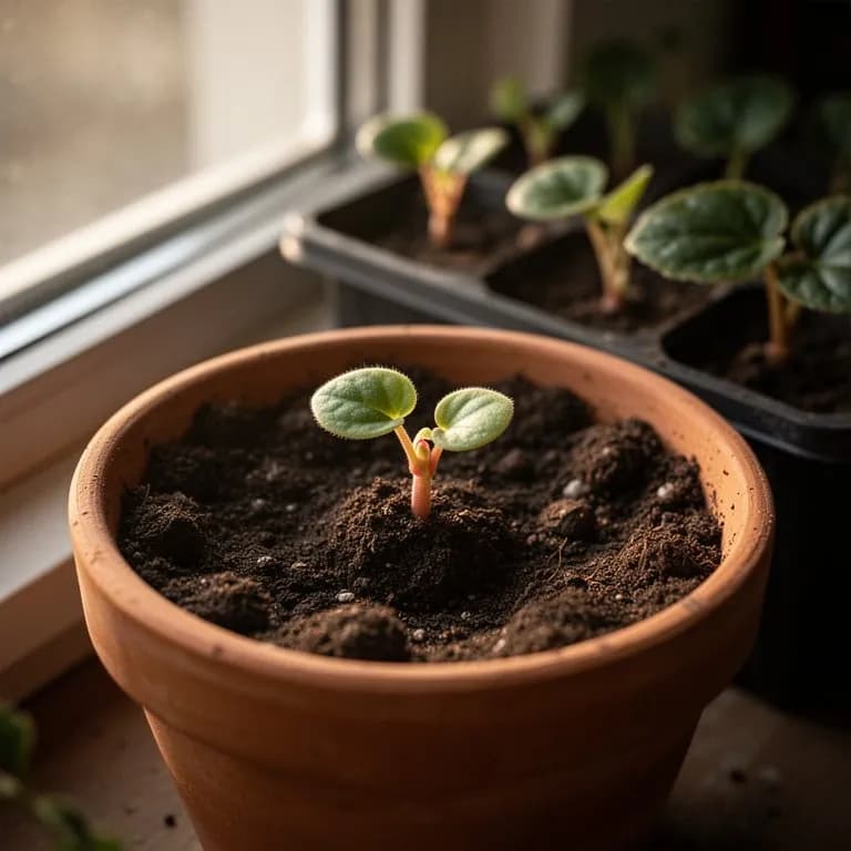 Tiny begonia seedlings emerging from fine seed-starting mix under grow lights