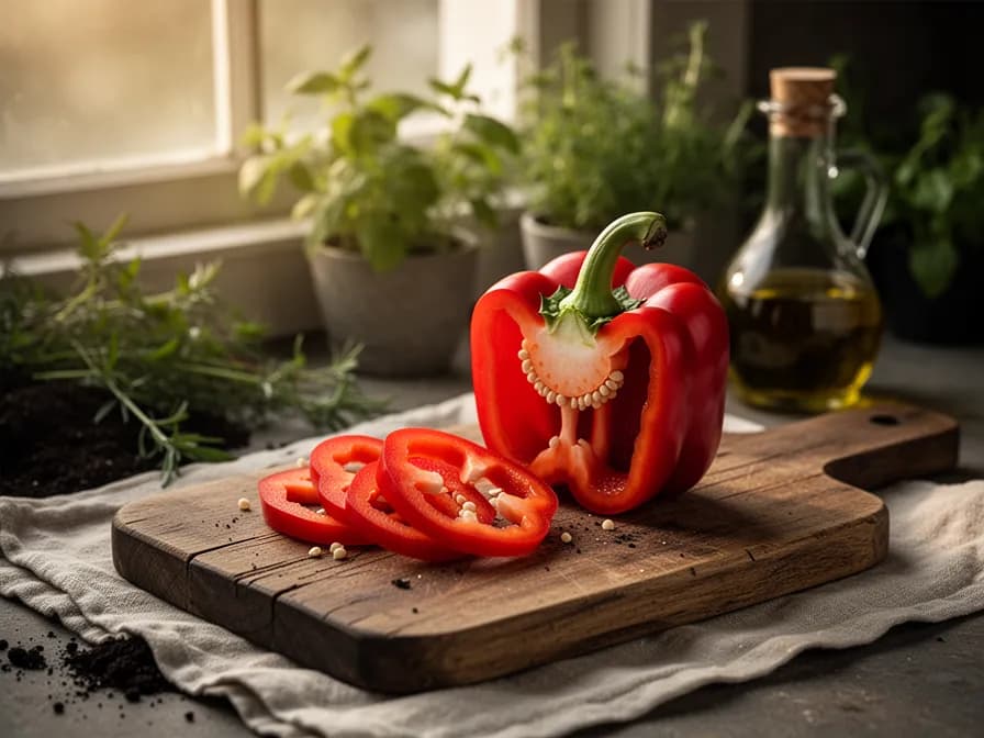 Aufgeschnittene rote Paprika zeigt dicke Wände und Samen
