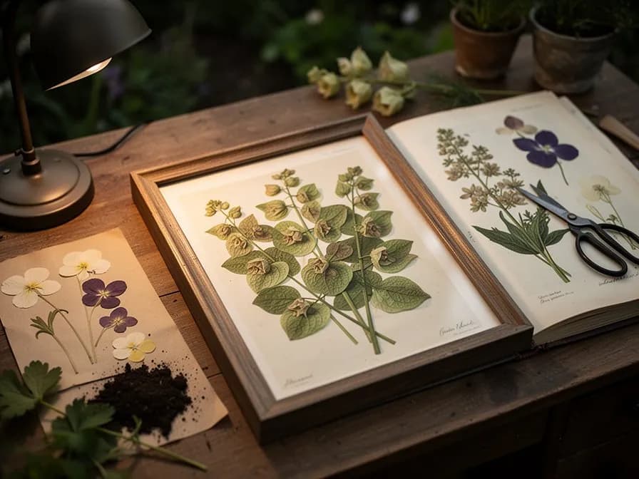 Frisch geschnittene Irische Glocken in einer rustikalen Vase mit anderen Gartenblumen arrangiert