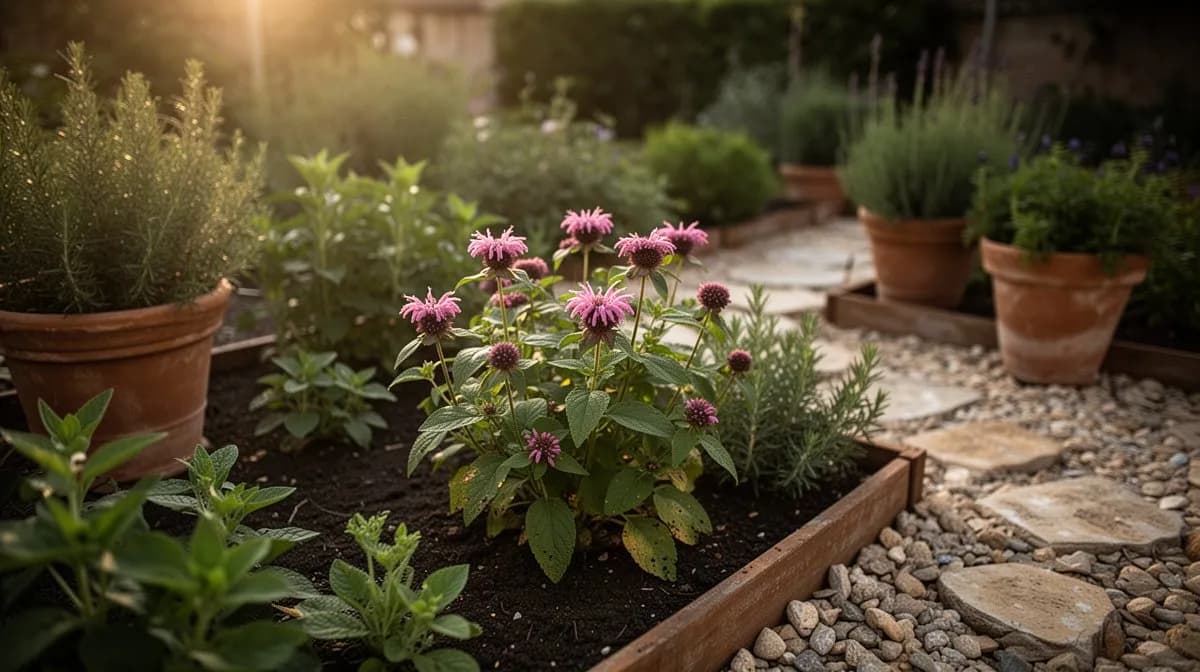 Bergamota creciendo en un borde mixto de jardín con otras flores perennes