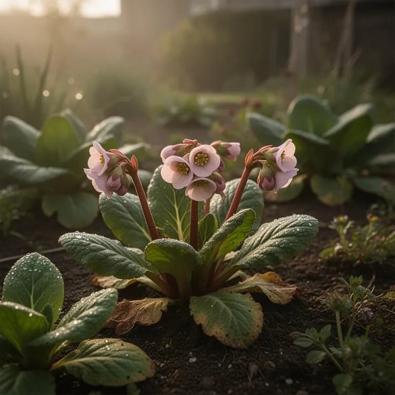 Bergenie-Blütenstiele mit dichten Rispen aus glockenförmigen rosa Blüten