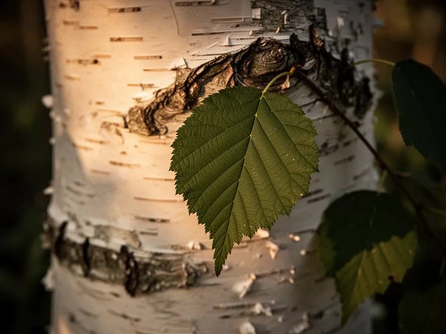A spile inserted into a birch trunk collecting clear sap into a glass jar