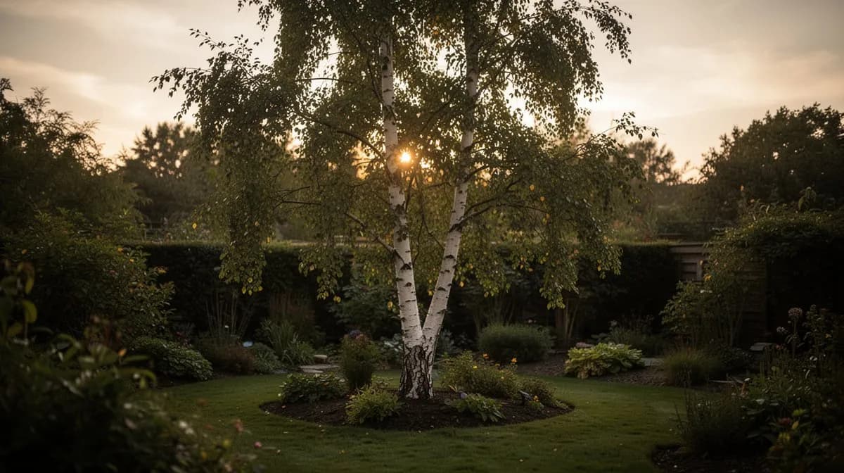 A grove of white birch trees with distinctive papery bark in summer sunlight