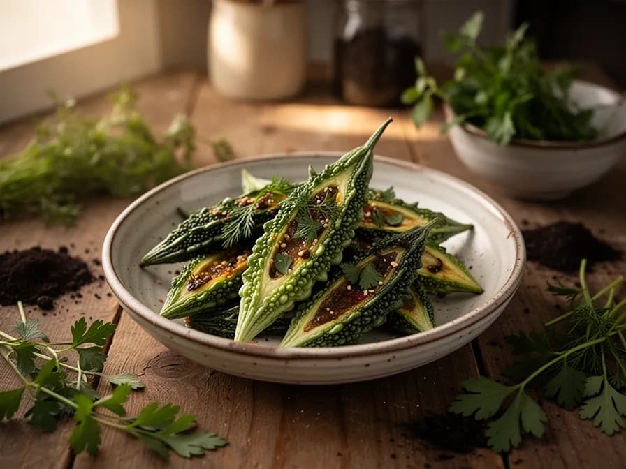 Bitter melon stir-fried with fermented black beans and pork in a wok