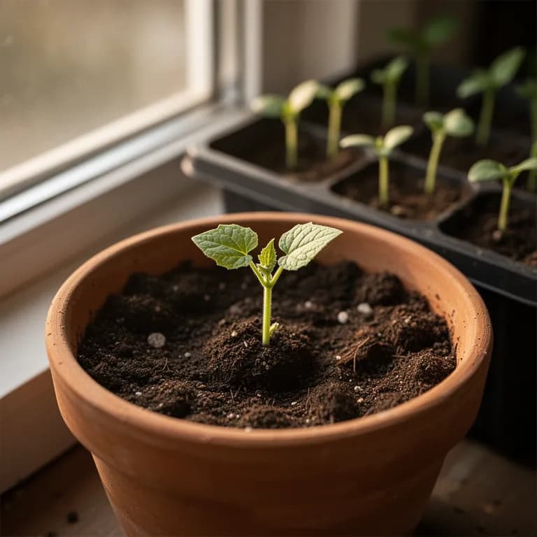 Young bitter melon seedling with heart-shaped cotyledon leaves emerging from warm soil