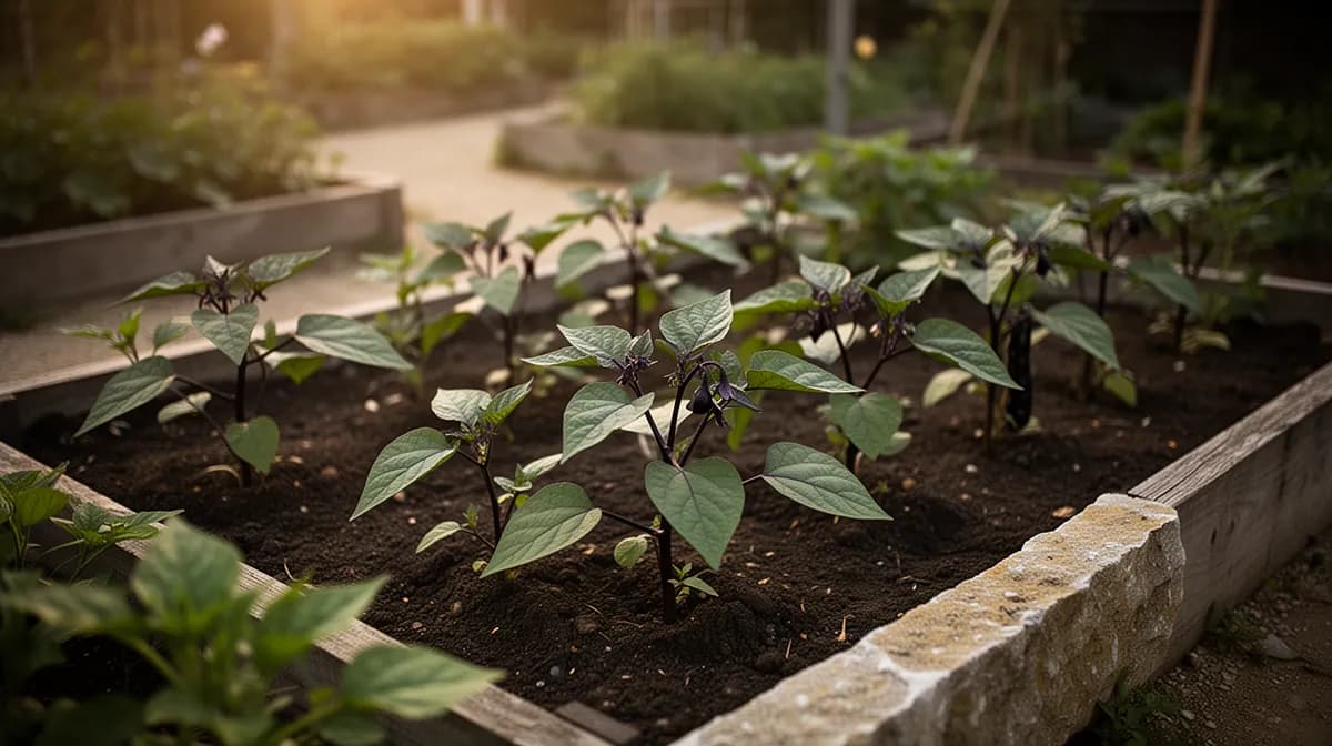 Bushy black bean plants in a vegetable garden