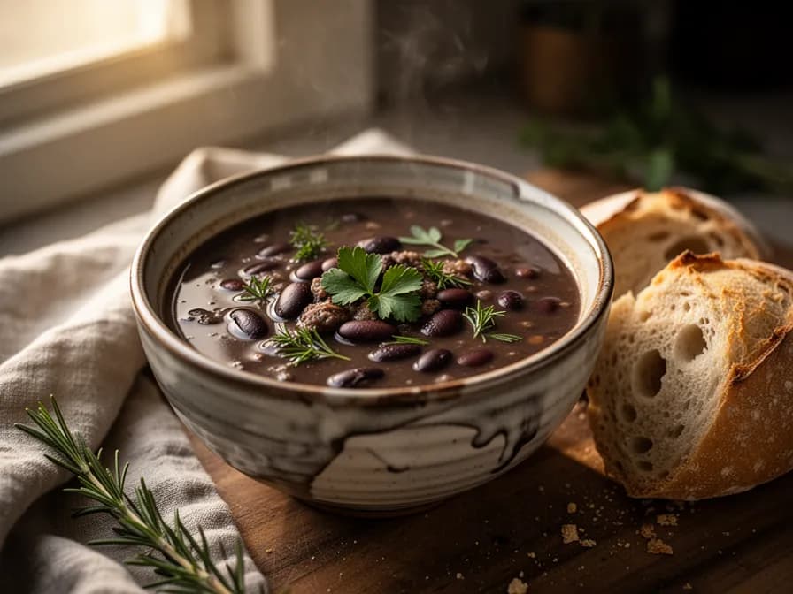 Rich black bean soup with sour cream and cilantro