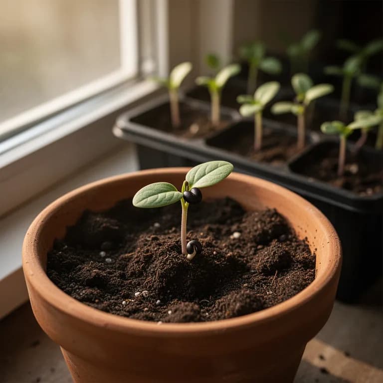 Black bean seedling with thick cotyledon leaves
