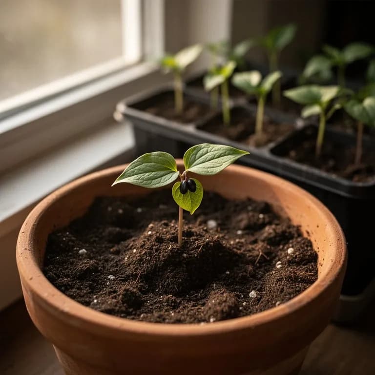 Joven plántula de cimicífuga negra emergiendo de un suelo forestal rico con las primeras hojas compuestas desplegándose