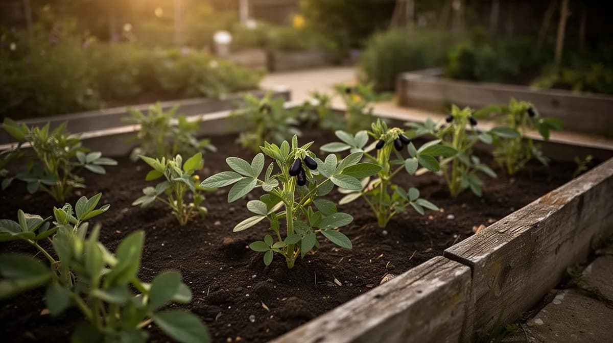 Reihen von buschigen Kuhbohnenpflanzen, die in einem sonnigen Sommergartenbeet wachsen