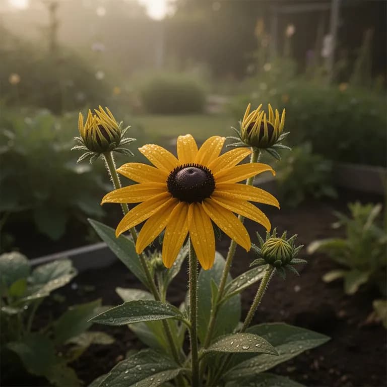 Primer plano de una flor de rudbeckia con pétalos dorados y cono central marrón oscuro