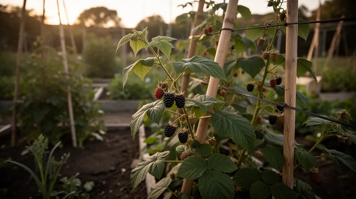 Blackberry canes trained along a wire trellis system