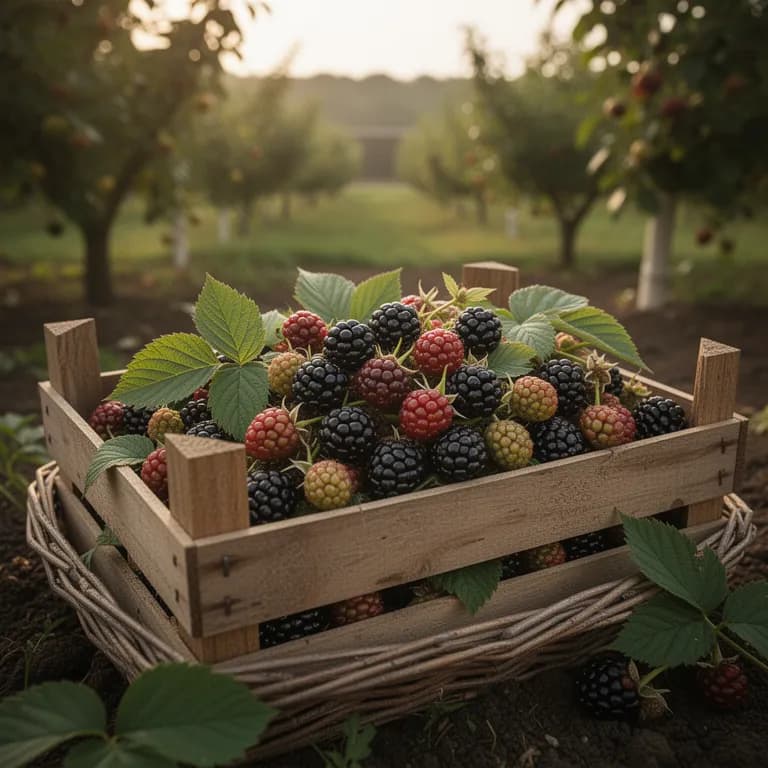 Hands picking ripe blackberries into a woven basket