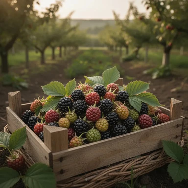 Trauben reifer stachellosenloser Brombeeren an der Rute