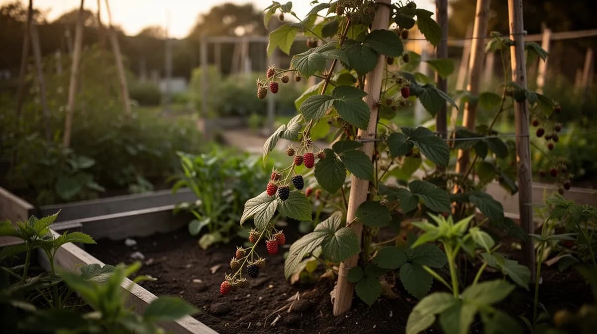 Cañas de zarzamora rastrera guiadas a lo largo de un sistema de emparrado de alambre en un jardín doméstico