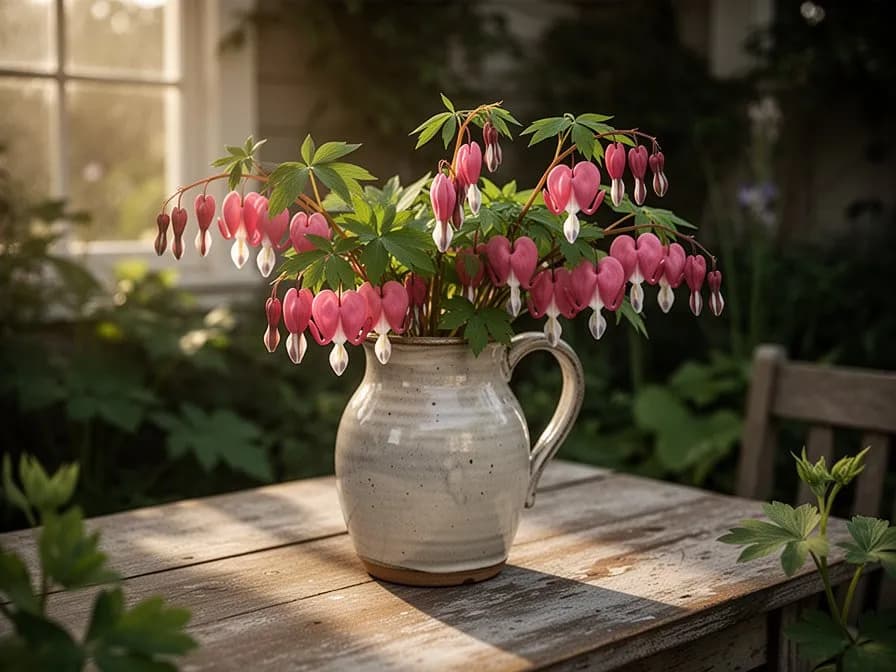 Flores secas de corazón sangrante extendidas sobre una superficie de madera