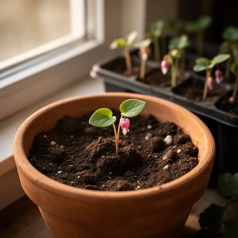 Plántula joven de corazón sangrante emergiendo del suelo