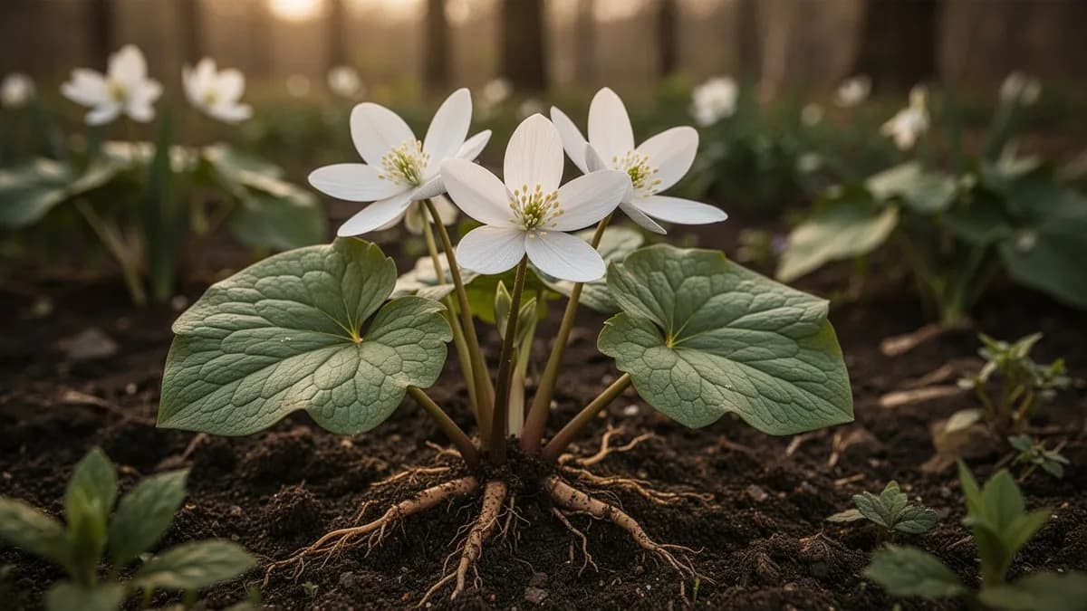 Densa colonia de plantas de sanguinaria cubriendo el suelo de un bosque caducifolio con flores blancas