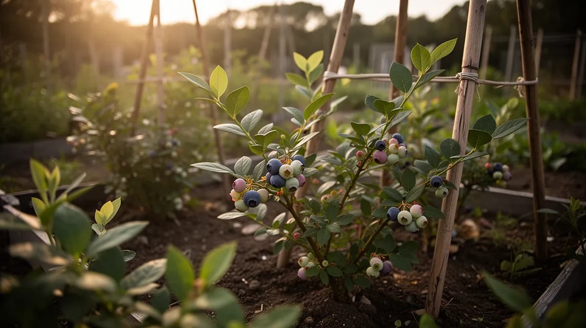 Blueberry bushes planted alongside azaleas and rhododendrons in an acidic garden bed
