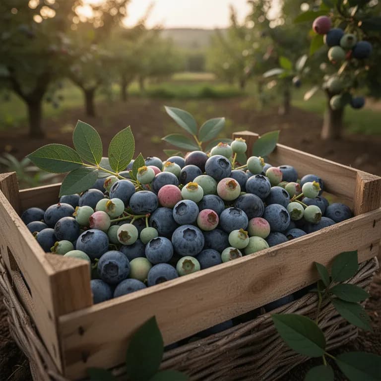 Hand picking ripe blueberries from a heavily fruiting bush