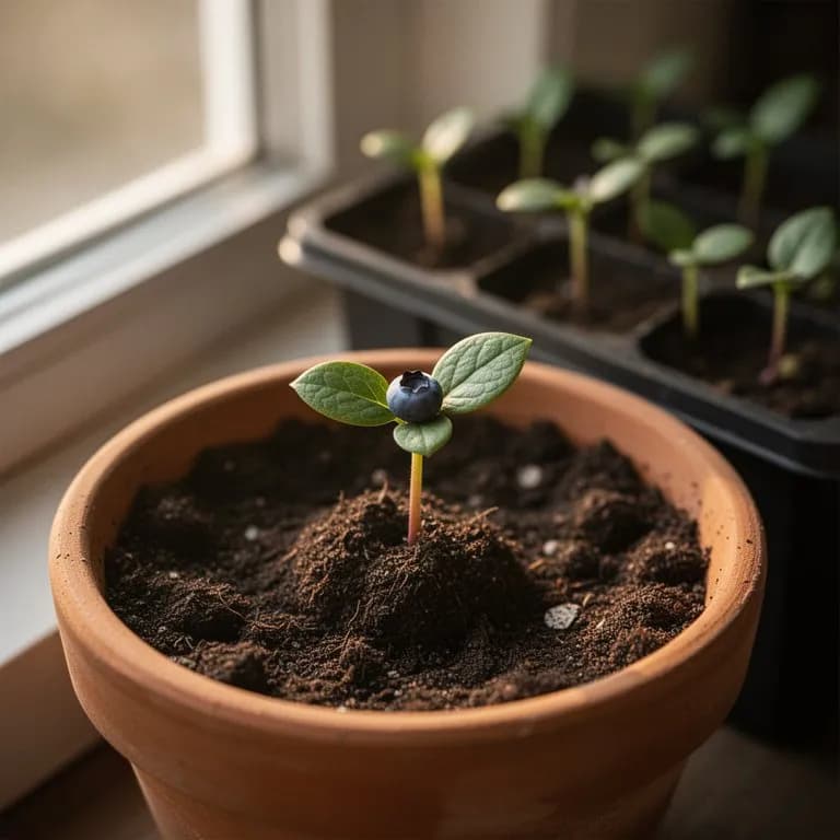 Young blueberry plant with bright green leaves in an acidic soil bed