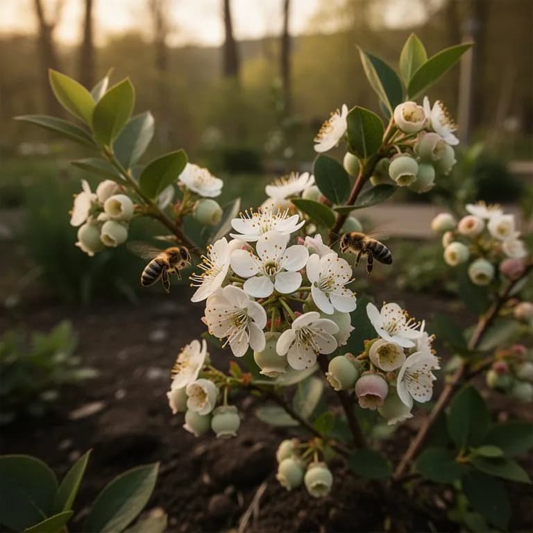 Ramas de arándano alto cubiertas de flores blancas en forma de campana en primavera