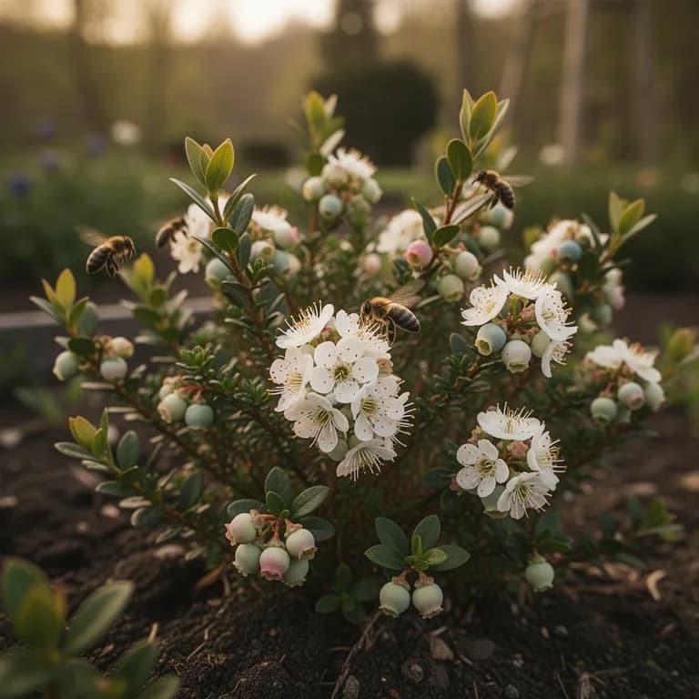 Zarte weiße glockenförmige Blüten der niedrigen Heidelbeere im frühen Frühling