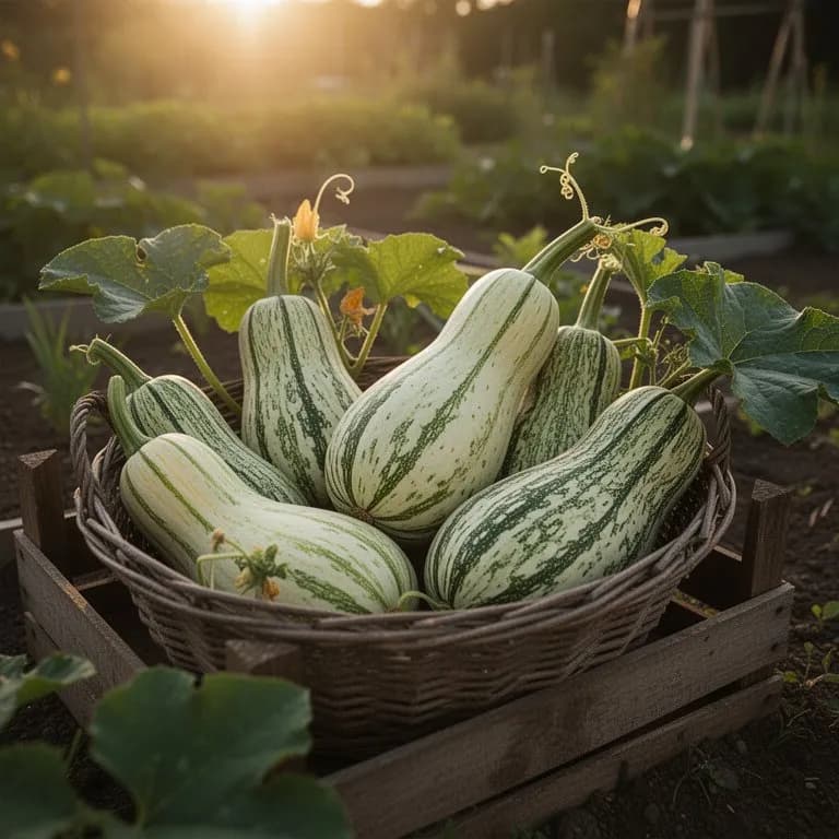 Frisch geerntete junge Flaschenkürbisse mit glatter hellgrüner Haut, auf einem Holztisch ausgestellt