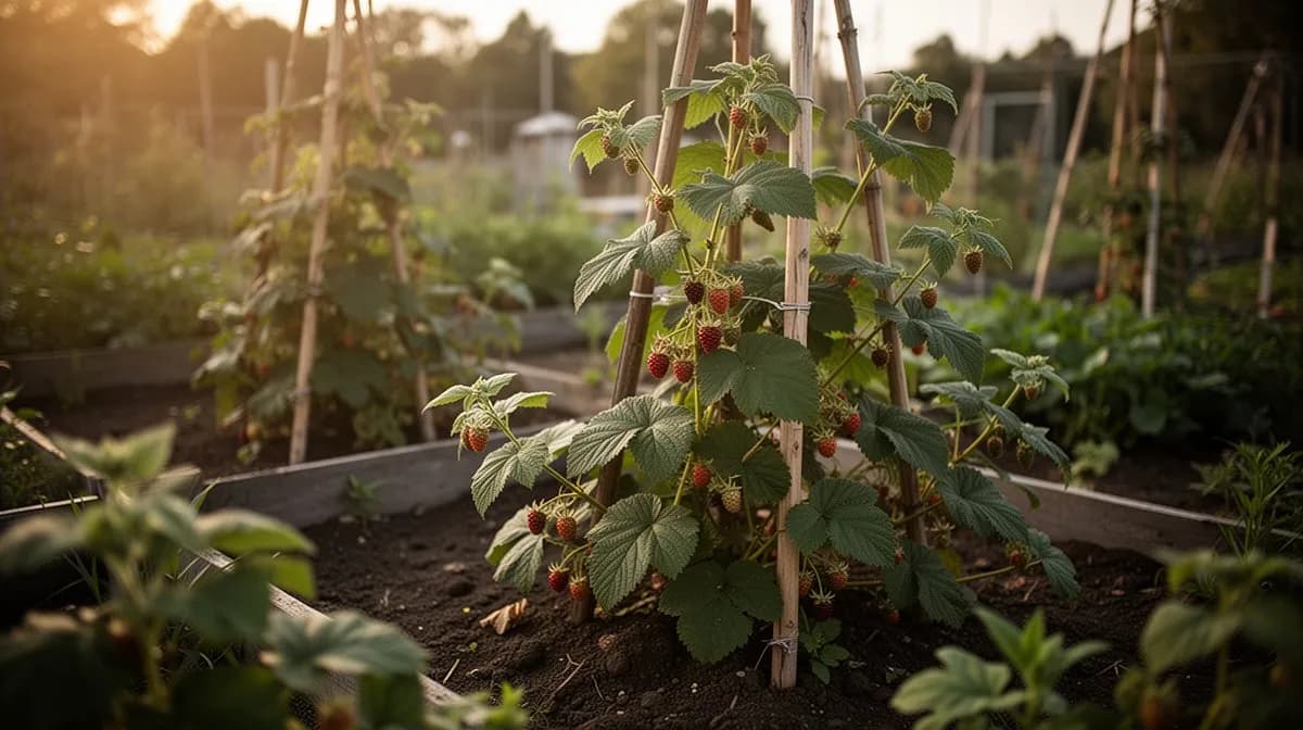 Etabliertes Boysenbeeren-Beet mit Ruten, die an einem Zweidrahtspalier aufgeleitet sind