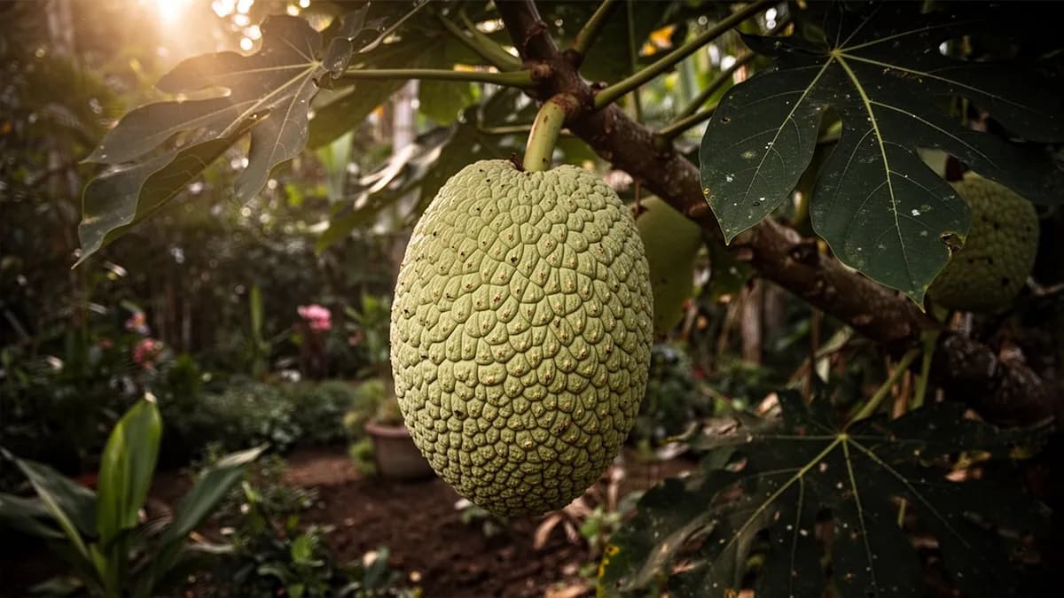 Árbol maduro de fruta del pan con grandes hojas lobuladas