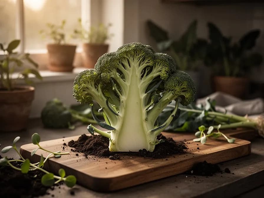 Purple sprouting broccoli spears with small florets emerging from leaf axils