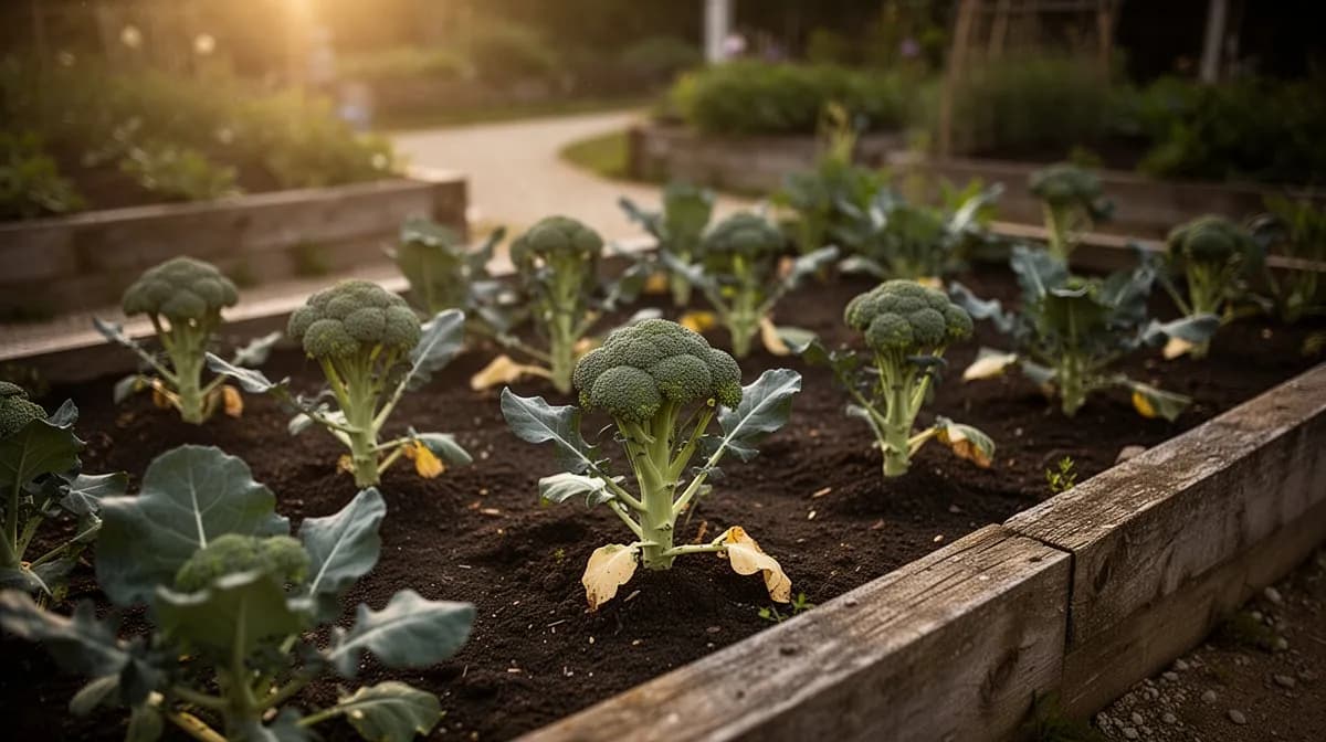 Row of tall sprouting broccoli plants in a well-tended vegetable garden