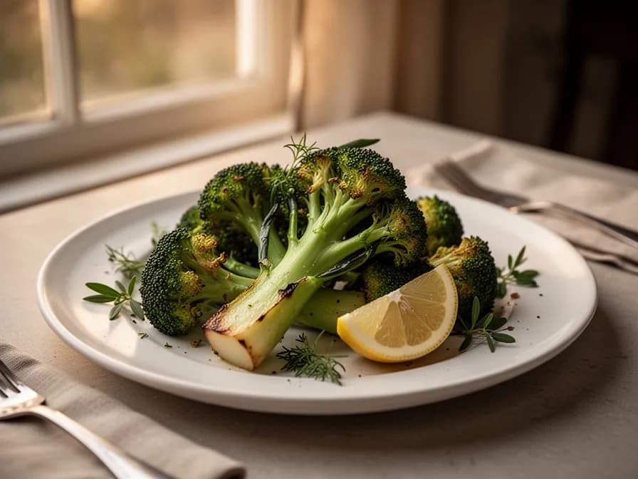 Sauteed purple sprouting broccoli with garlic and chilli flakes on a white plate