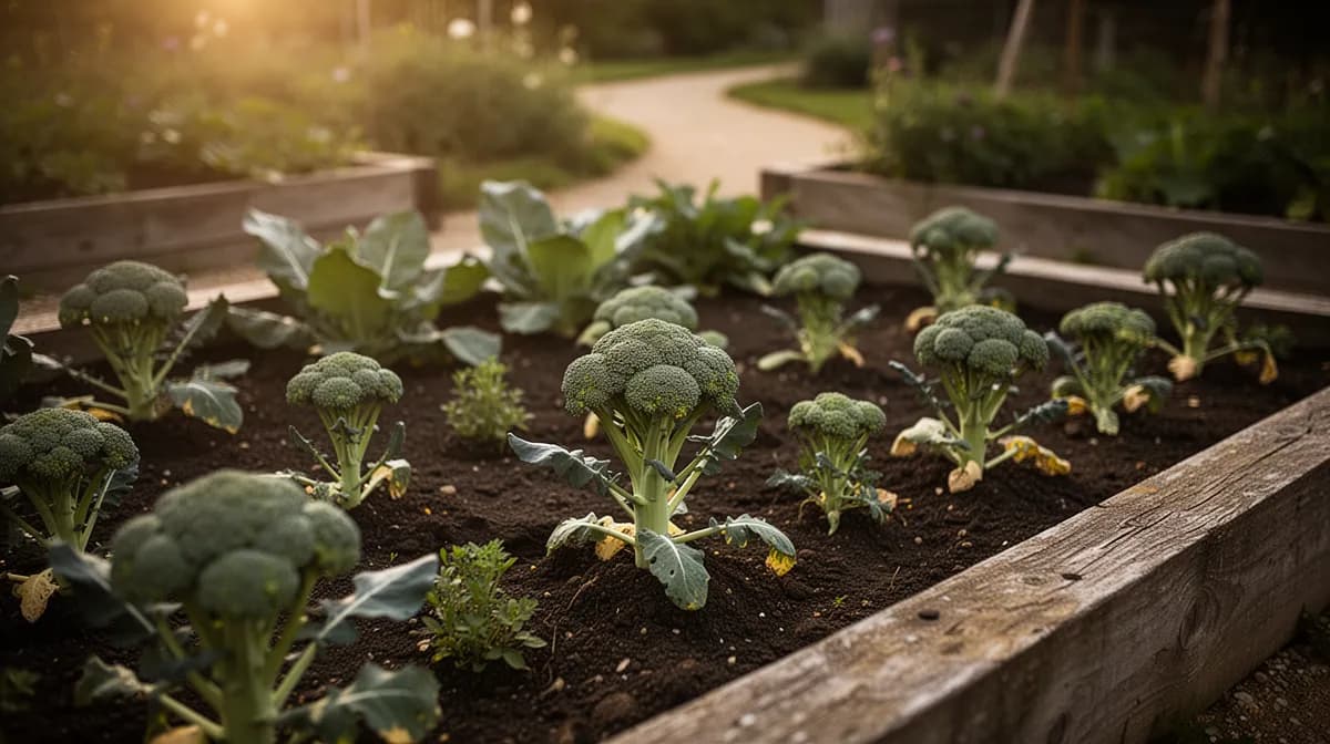 Broccolini plants growing in a garden bed with broad green leaves