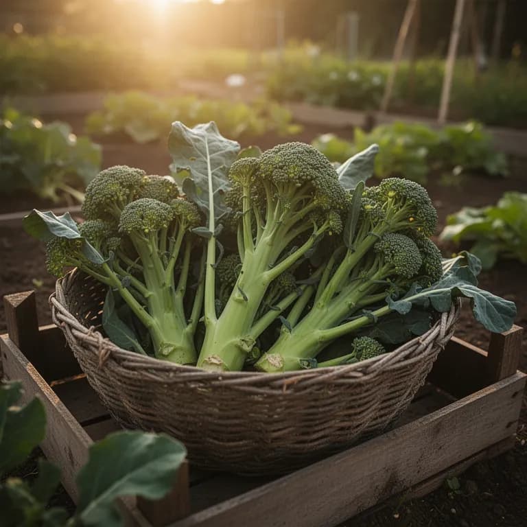 Fresh broccolini stalks being harvested from the garden