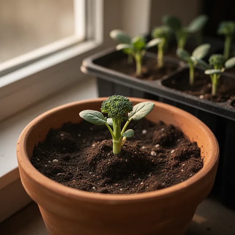 Young broccolini seedling with first true leaves