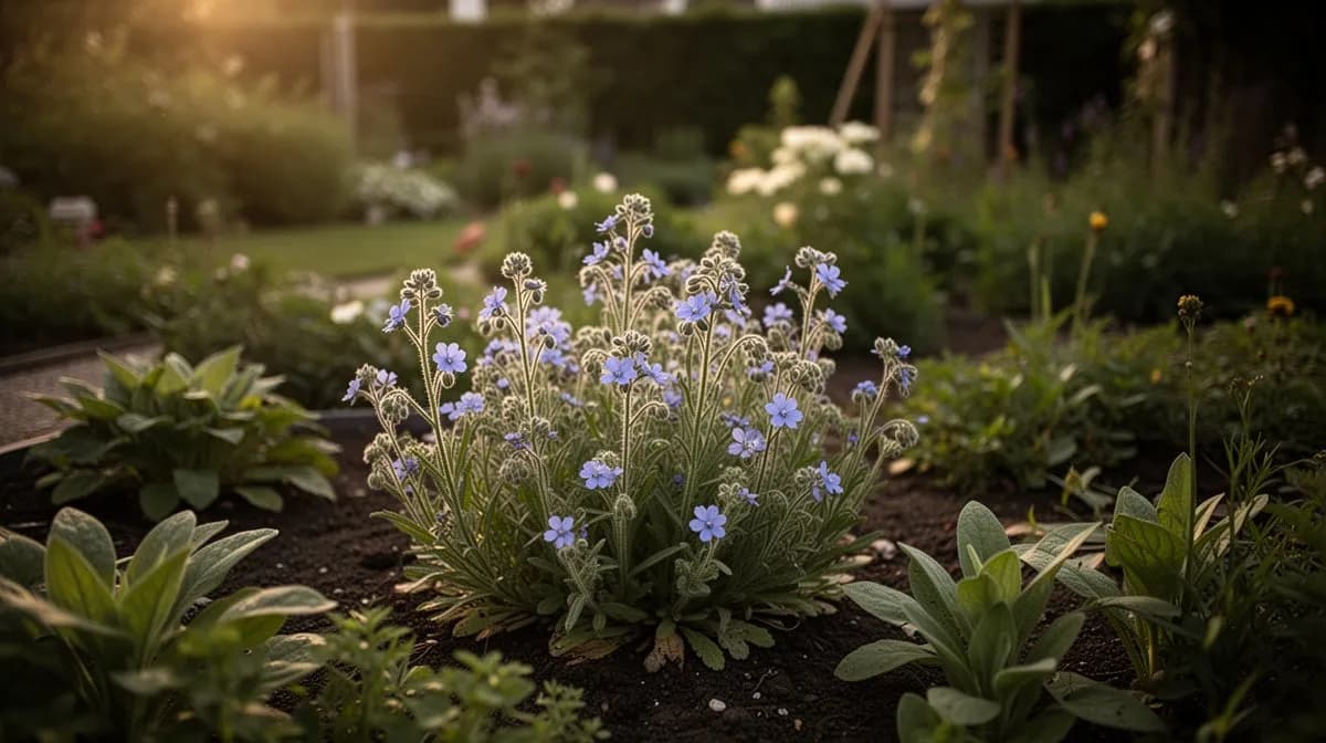 Brunnera planted beneath deciduous trees in a shaded woodland garden