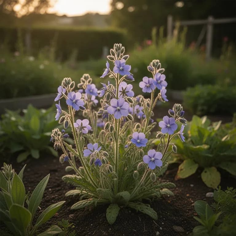 Brunnera crown at soil level during winter dormancy with light mulch covering