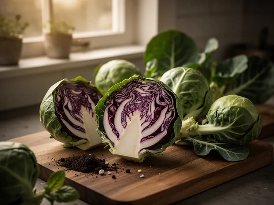 A red Brussels sprout cut in half showing deep purple outer leaves and pale lavender interior