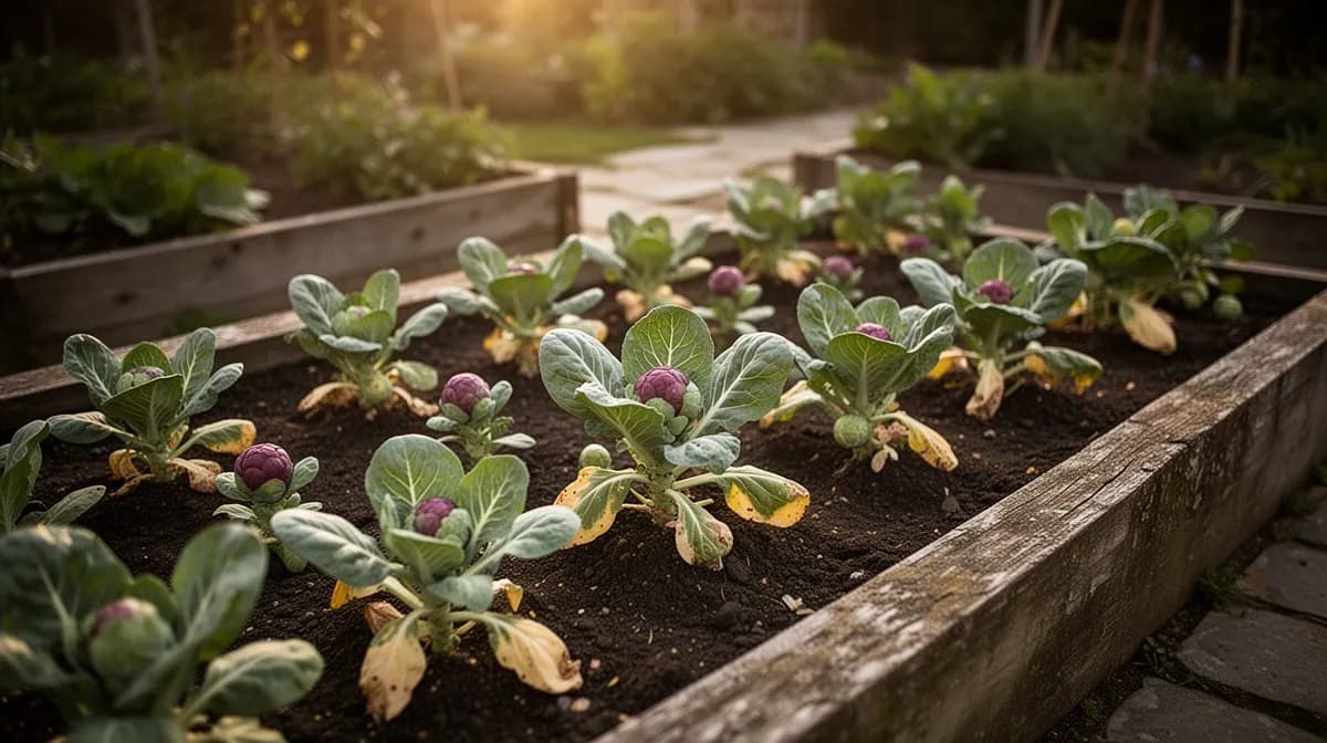 A row of mature red Brussels sprouts plants in a frost-kissed autumn garden
