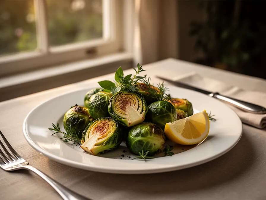 Roasted red Brussels sprouts caramelized and golden on a baking sheet