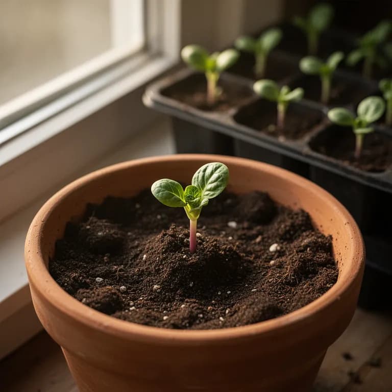 Young red Brussels sprouts seedling with purple-tinged cotyledon leaves in a cell tray