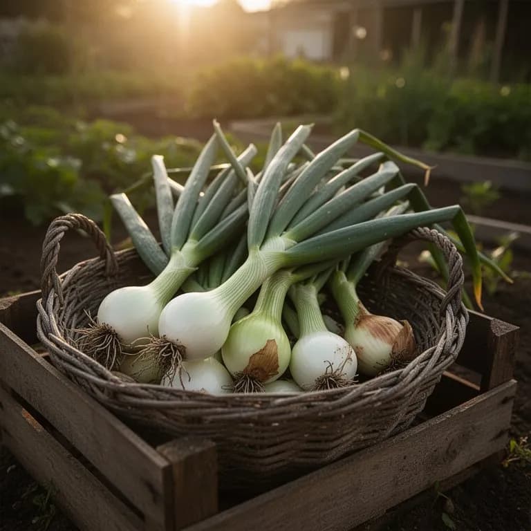 Freshly pulled bunching onions with white stems and green tops on a wooden board