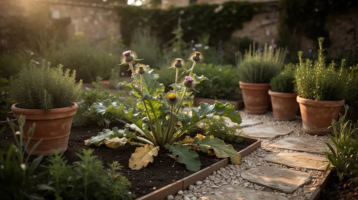 Bardana creciendo junto a hortalizas del jardín