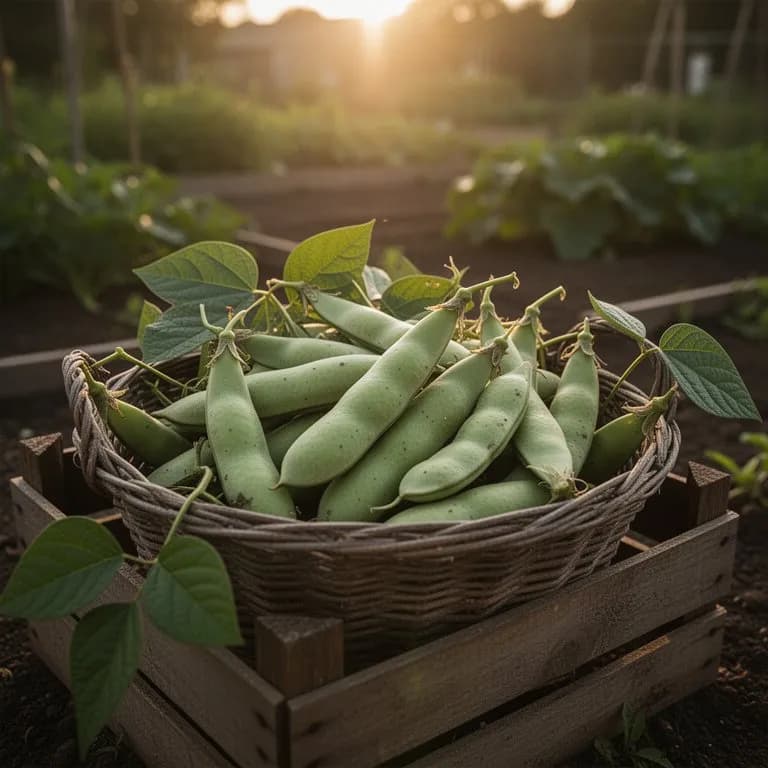 Freshly harvested butter bean pods and shelled beans in a colander